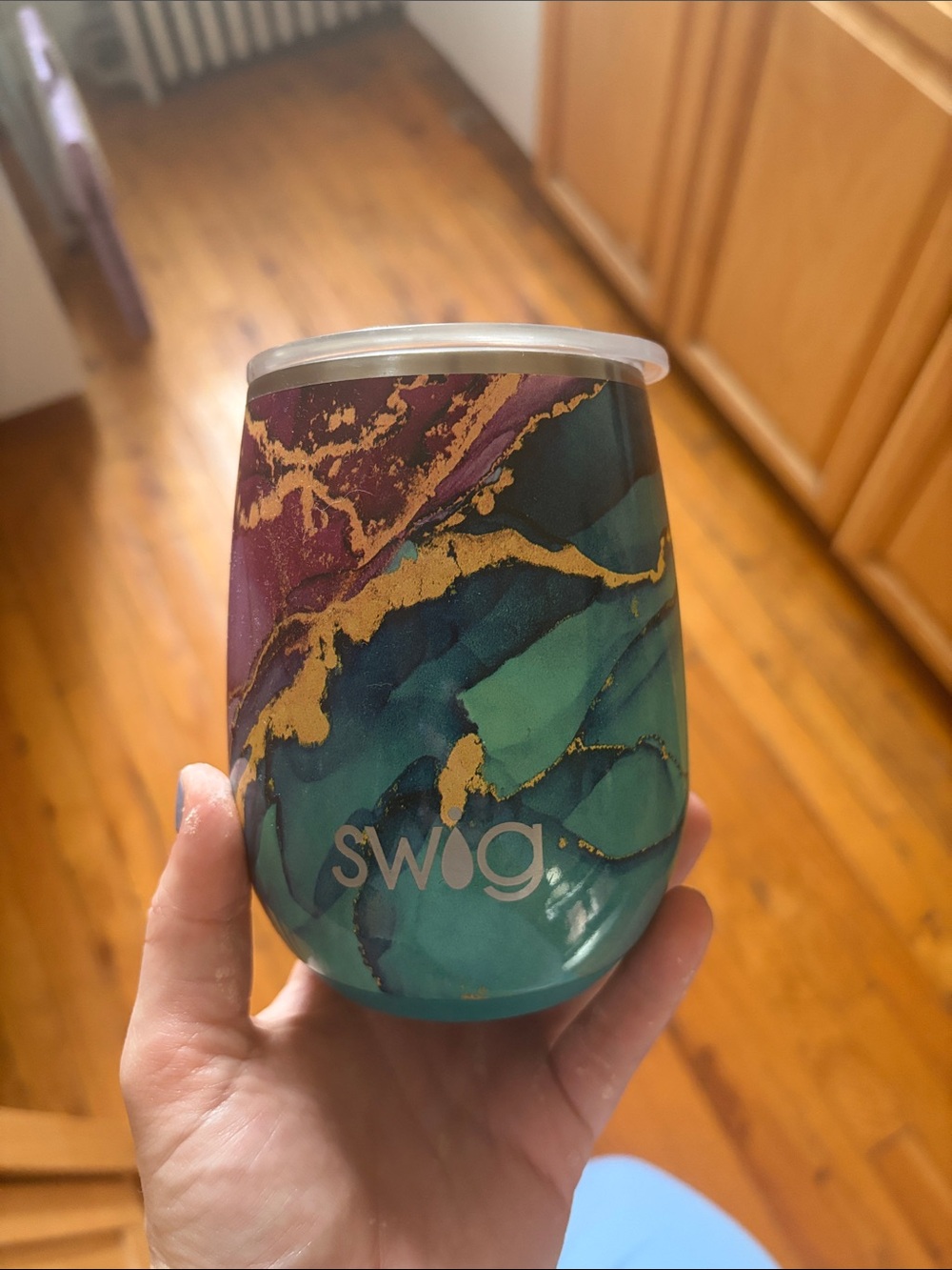 Swig Marble-Pattern Insulated Wine Tumbler in Teal & Purple with Gold Accents
